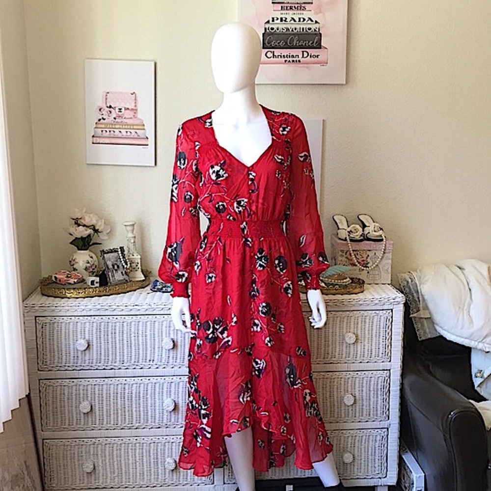 Intermix Deirdre 100% silk midi High Low dress floral print in red color size 2